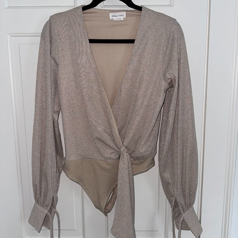 Lovers + Friends Sparkly Bodysuit, Size S, Tan/Sparkly
